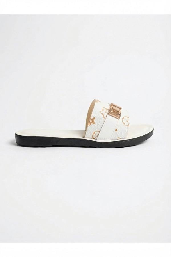 Amber Patterned Slider Sandals - White_wb