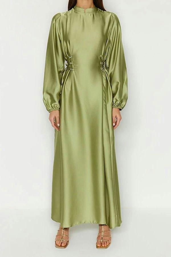 WOVCOR Belted Satin Evening Dress