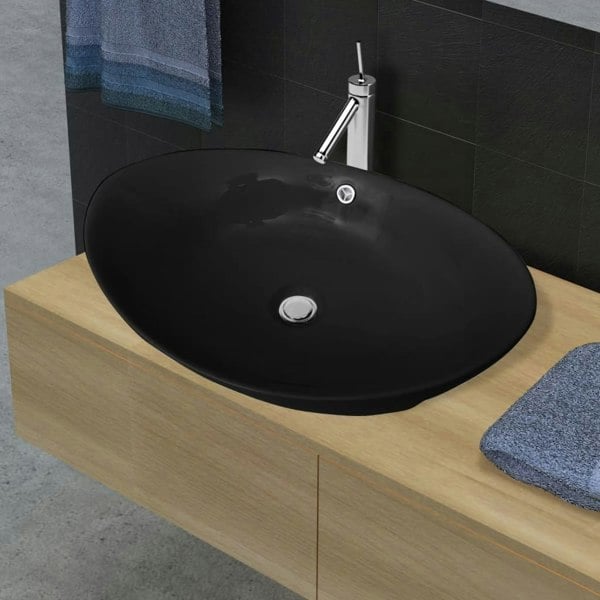 Berkfield Black Luxury Ceramic Basin Oval with Overflow 59 x 38,5 cm