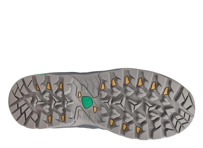 Karrimor Bodmin Low 6 Mens Walking Hiking Trekking Trainers, close-up view of the grey sole with rugged tread pattern and yellow accents for outdoor terrain grip.