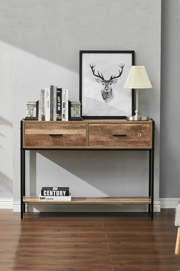 Living and Home Rustic Brown Metal Frame Console Table with 2 Drawer and Shelf