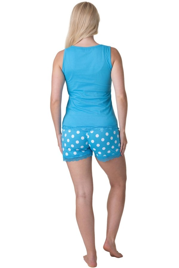Camille Aqua Lightweight 100% Cotton Plain Sleeveless Top Pyjama Set With Lace Detailing