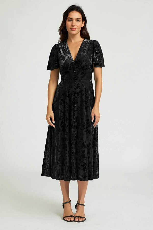 FS Collection Floral Velvet Devore V neckline Dress In Black