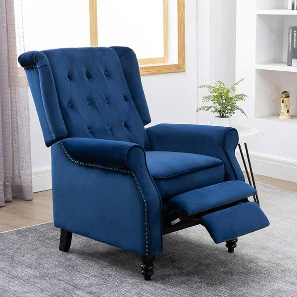 Antwerp Fabric Pushback Recliner Velvet Wingback Armchair in Blue