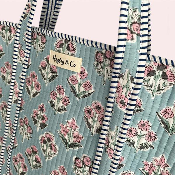 Hayley & Co Pale Blue and Pink Ditsy Floral Quilted Cotton Tote Bag