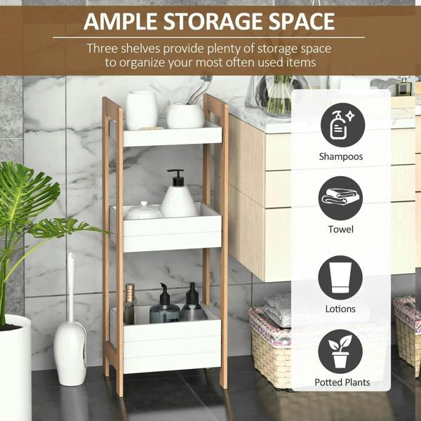 Three-tier bamboo bathroom organizer shelf with white open shelves