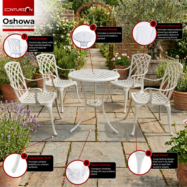 Centurion Supports OSHOWA Luxurious Garden and Patio Table and 4 Large Chairs with Armrests Cast Aluminium Bistro Set - White