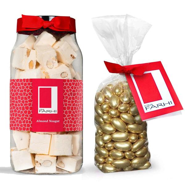 Rita Farhi Golden Crescent Gift Collection – Gold Sugared Almonds & Almond Nougat Jar, Palm oil free, 1000g