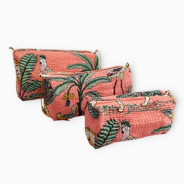 Hayley & Co Jungle Print Cotton Washbag, Make Up Bag, Pencil Case with Waterproof Lining - Jungle Animal Print in Peach
