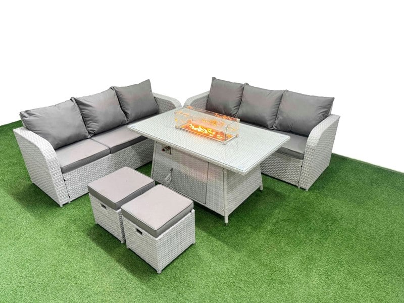 Fimous Outdoor Garden Furniture Sets 8 Seater Wicker Rattan Furniture Sofa Sets with Fire Pit Dining Table high Back Lounge Sofa Stools Light Grey