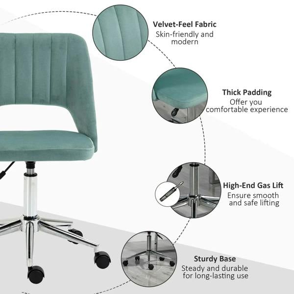 Green velvet mid-back chair with tufted back, thick padded seat, and height lift