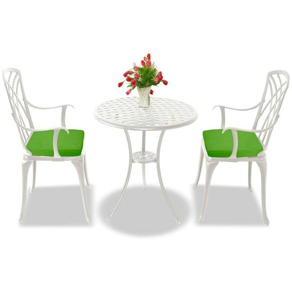 Homeology OSHOWA White Aluminium Weatherproof Outdoor Table and 2 Comfortable Chairs with Armrests Bistro Set with Green Cushions