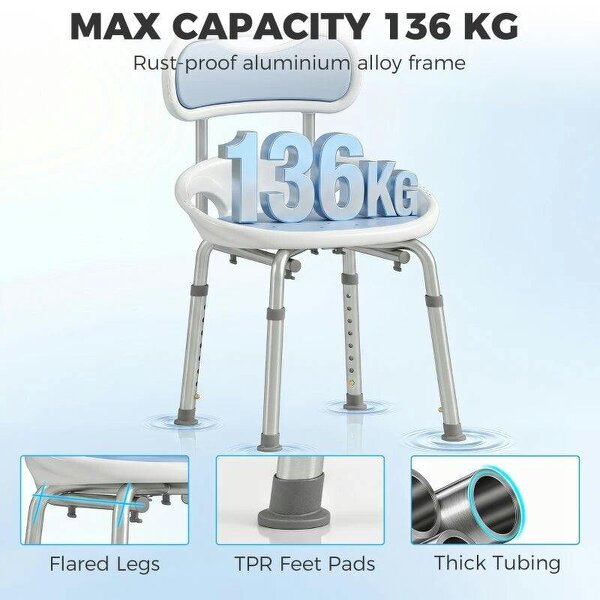 Shower Chair with Padded Seat Adjustable Height Shower Stool Bath Seat with Back and Anti-Slip Feet