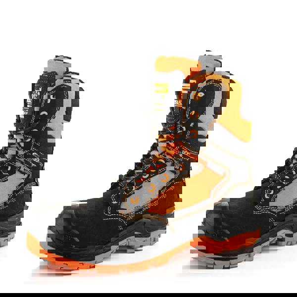 Buckbootz BVIZ1 Mens Zip Up S7S Composite Safety Ankle Boots, orange and black safety work boots with waterproof feature and sturdy sole.