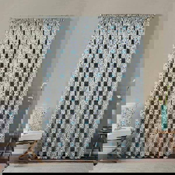 Enhanced Living Blue 100% Blackout Floral Thermal Pair of Curtains Tape Top Header Curtains for Living Rooms and Bedrooms