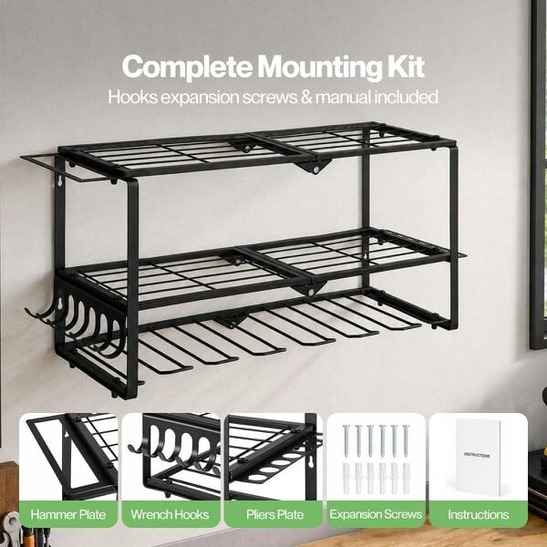 Levede Tool Storage Organiser 3 Tier Wall Mounted Garage Tool Rack Metal Black