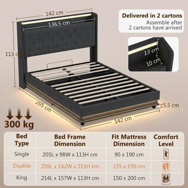 4ft6 Double Bed Frame with Headboard, Platform Bed Frame with Hydraulic Storage, LED Lights and Charging Station, Black