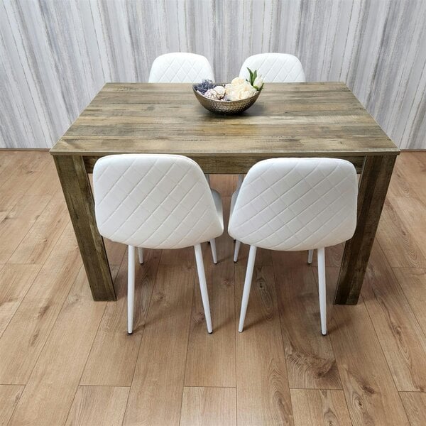 Kosy Koala Wooden Dining Table with 4 white Gem Patterned Chairs Rustic Effect Table with white Chairs