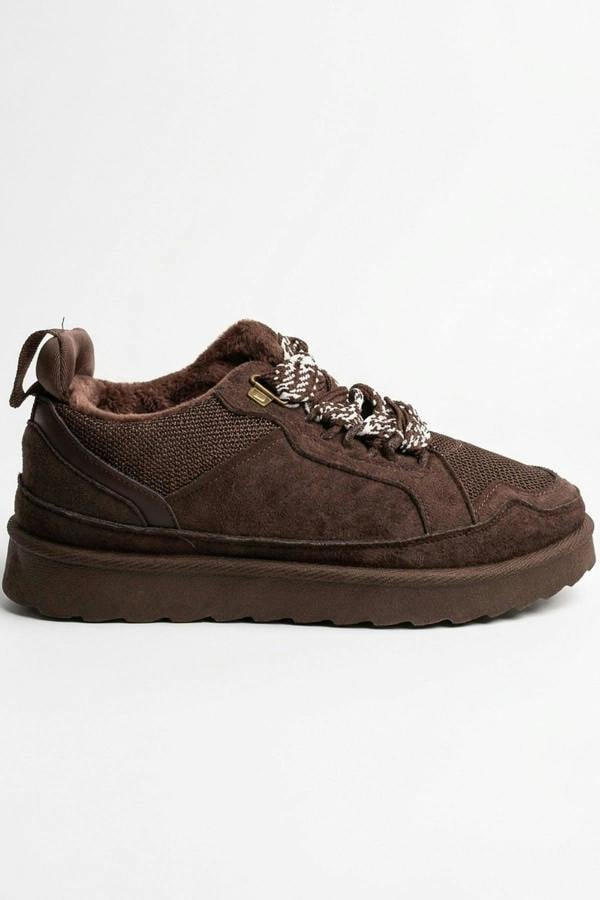 Leiza Chunky Lace Up Faux Fur Trainers - Brown