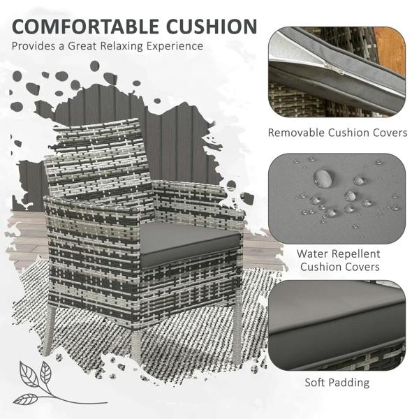 Grey rattan dining chair with padded seat cushions and water-resistant cover styling