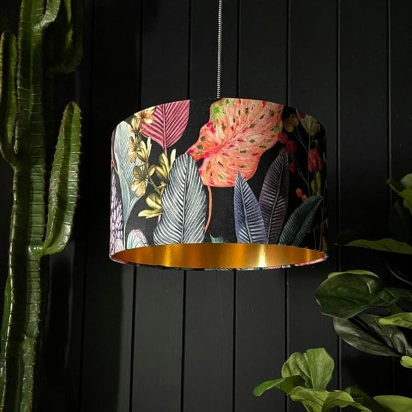 Trippy Tropical Acid Jungle Velvet Lampshade With Gold Lining