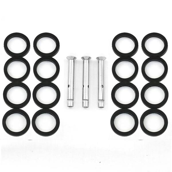 Stainless steel balustrade mid post components including black rubber rings and metal bolts, designed for secure installation