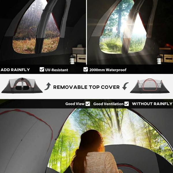 Grey camping tent with open front and arched window panels, interior view