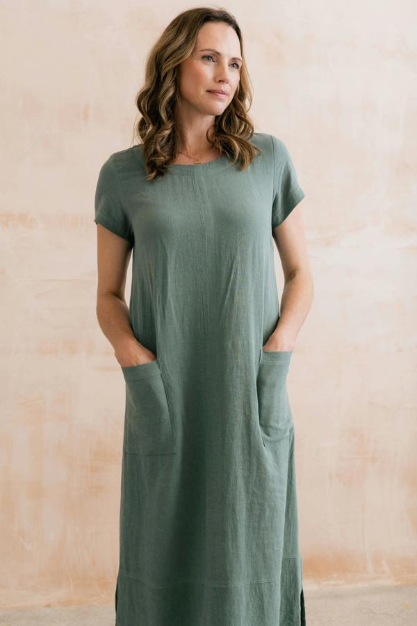 Lily & Me Summer Breeze Linen Blend Dress Laurel Green