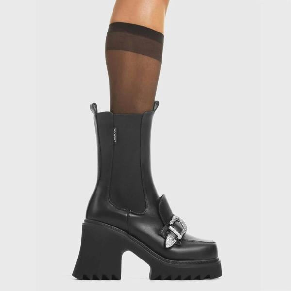 Lamoda Outlander Bold Black PU Platform Creeper Boots Stylish Streetwear