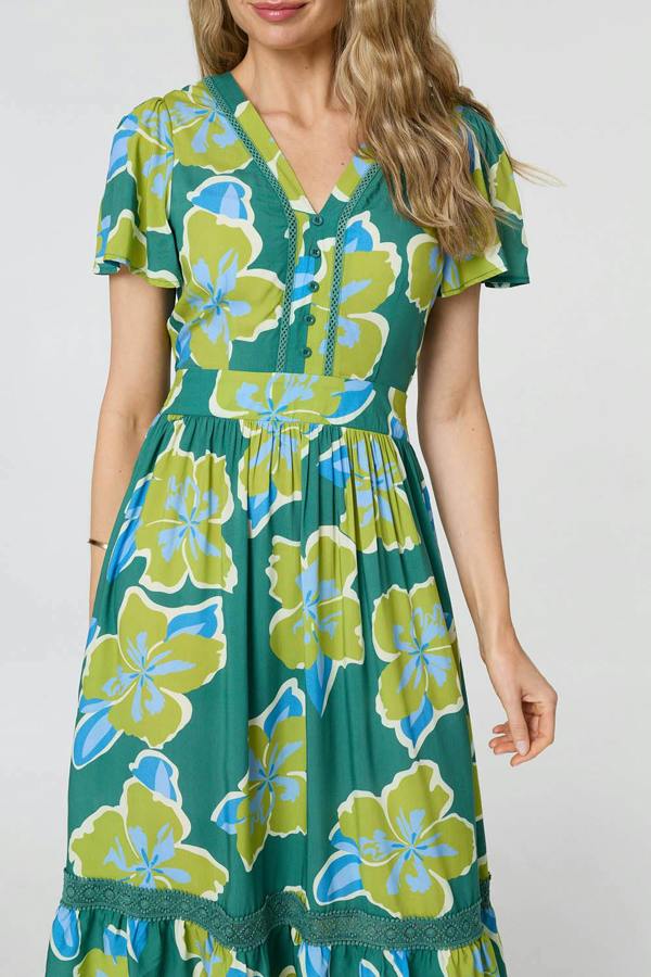 Green | Floral Angel Sleeve Relaxed Midi Dress