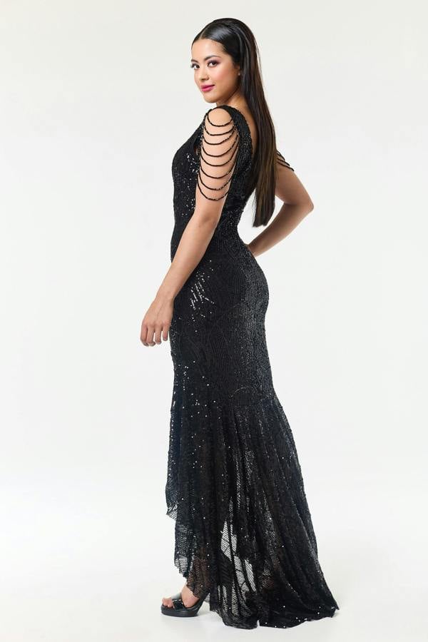 LuvForever Black Jewelled Hi-Lo Sequin Dress