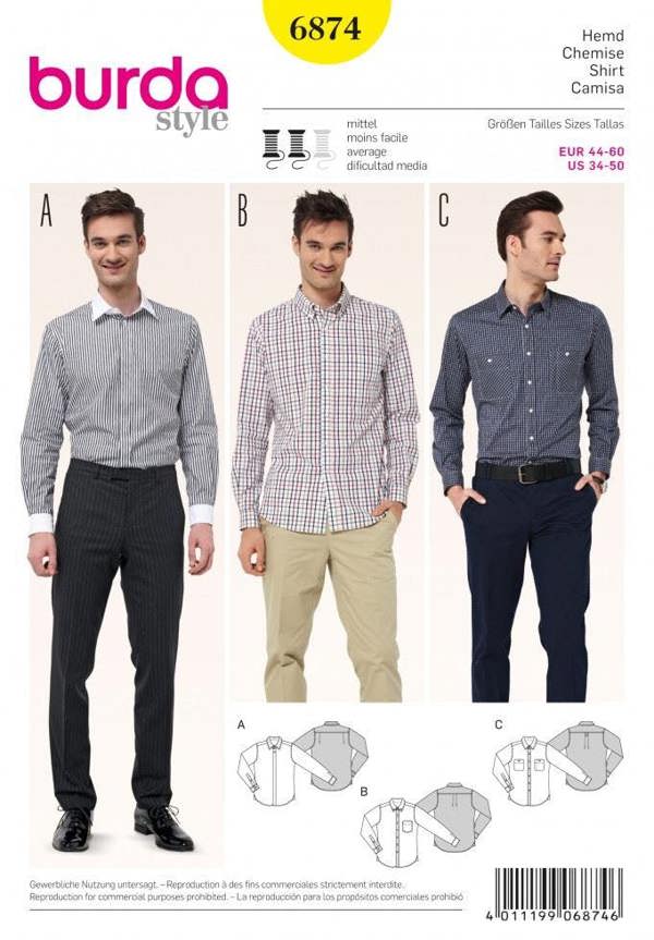Burda Sewing Pattern 6874 Shirts For Men, 34-36-38-40-42-44-46-48-50 - Intermediate