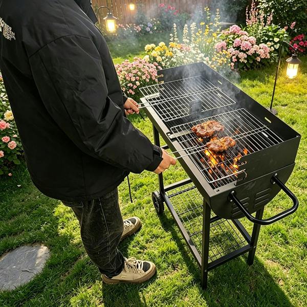 Gr8 Garden Charcoal BBQ Grill Half Barrel Dual Zone Garden Trolley Barbecue Adjustable Height Outdoor Cooker