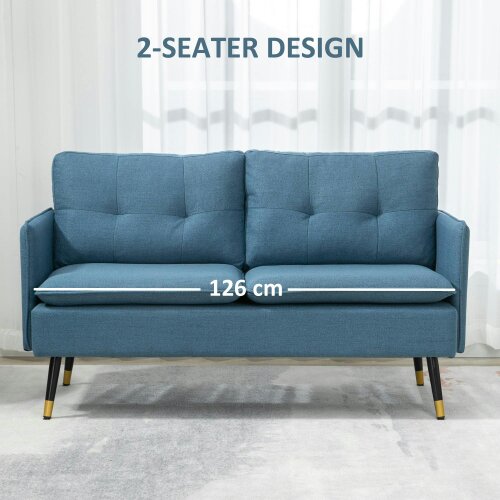 Wyld Haus Mado Fabric Dark Blue Button Tufted 2 Seater Sofa With Cushions And Steel Legs