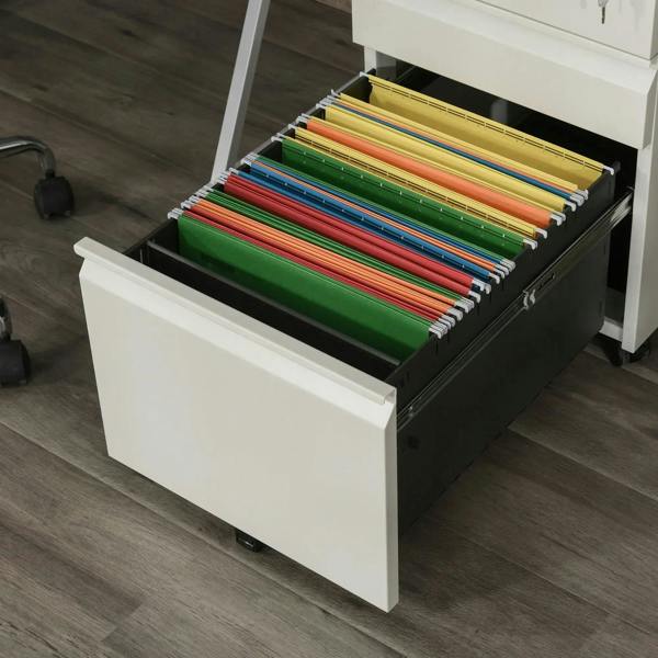 White metal filing cabinet with drawer open showing multicolor folders inside.