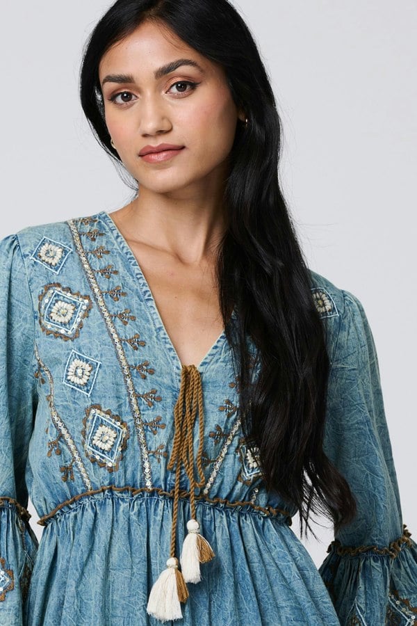 Indigo | Embroidered Tassel Detail Knee Length Dress
