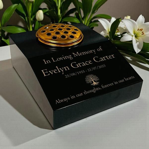 Memorials Direct Black Granite Sloping Memorial Desk with Vase – Tree of Life, Free Gold Engraving