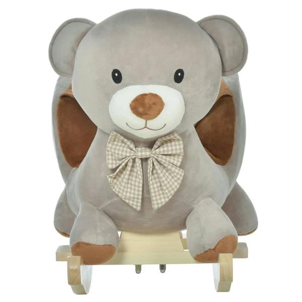 Grey plush bear rocking ride-on with white muzzle, bow tie, and wooden rocker base