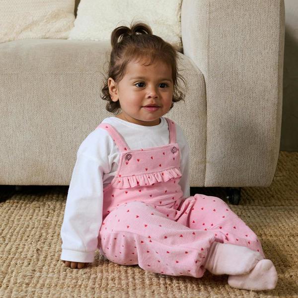 Mini Cuddles Baby Girls Heart Print Dungaree and Top Set, Pink and White