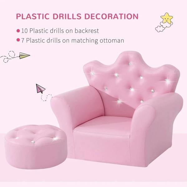 Pink kids armchair with tufted back and matching round ottoman for kids