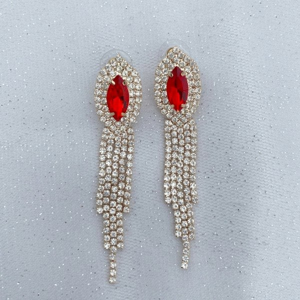 red earrings, diamante earrings, dangly gold earrings, sparkly red drop earrings, statement gold jewellery, crystal earrings for parties and events
