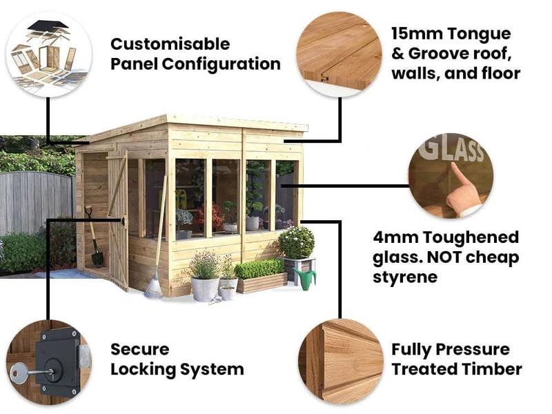 Dunster House Potting Shed Pent Roof W8' x D8' (W2.4 x D2.4m) Superfelt, Overlord Modular