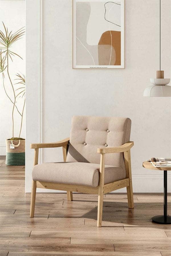 Living and Home Beige Modern Wood Frame Upholstered Armchair