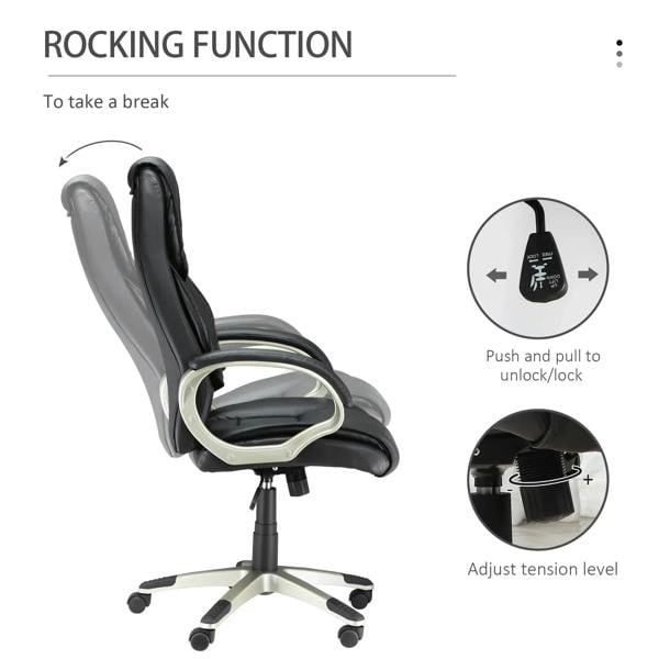 Black faux-leather high-back office chair with armrests and rocking function shown
