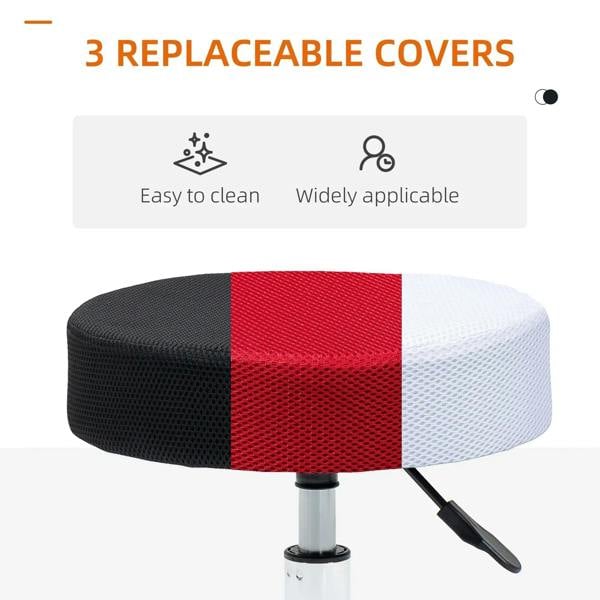 Three replaceable seat covers for stool: black, red, and white