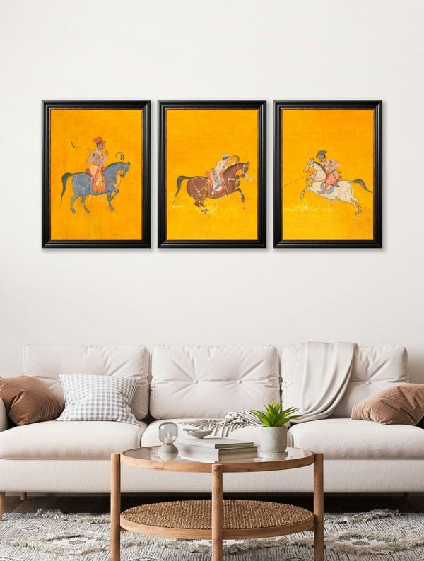 Exceptional Art c.17th Century Indian Polo Players Triptych