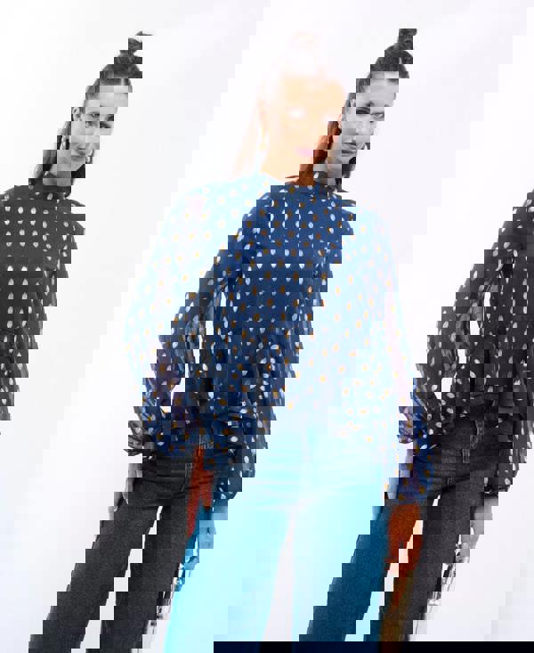 Needs No Label Navy Foil Ruffle Blouse