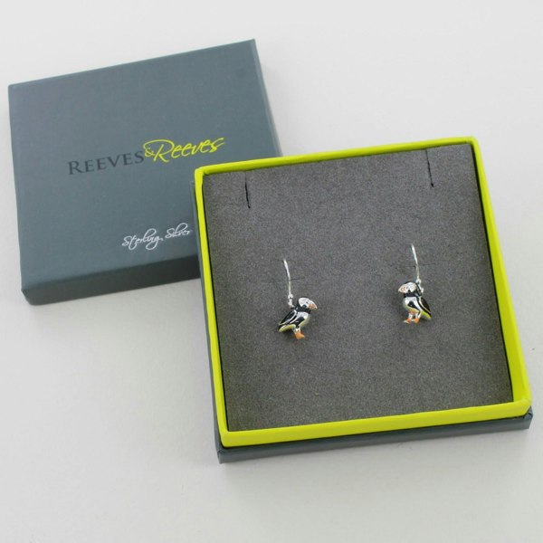 Sterling Silver and Enamel Puffin Drop Earrings - Reeves & Reeves