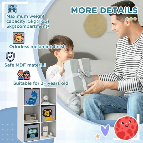 White kids toy storage cabinet with animal-print fabric drawers and open cubby storage