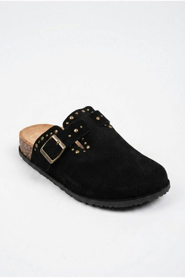 Demi Womens Studded Buckle Clog Mules - Black